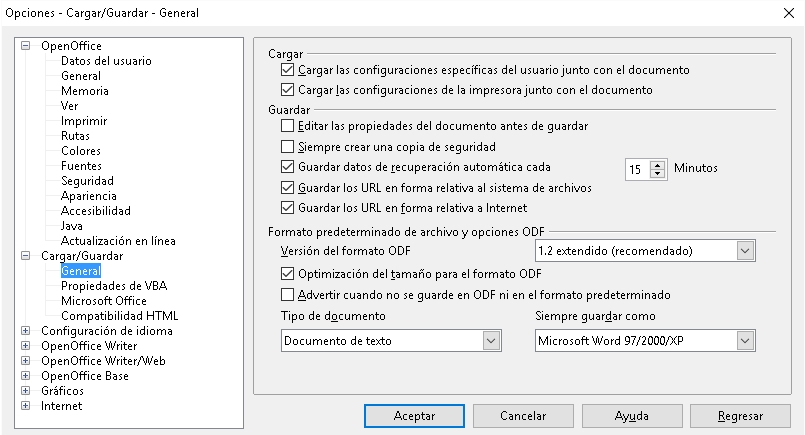 OpenOffice guardar en Doc como formato predeterminado